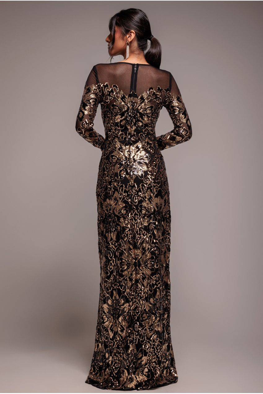 Floral Sequin Mesh Maxi - Gold DR4041