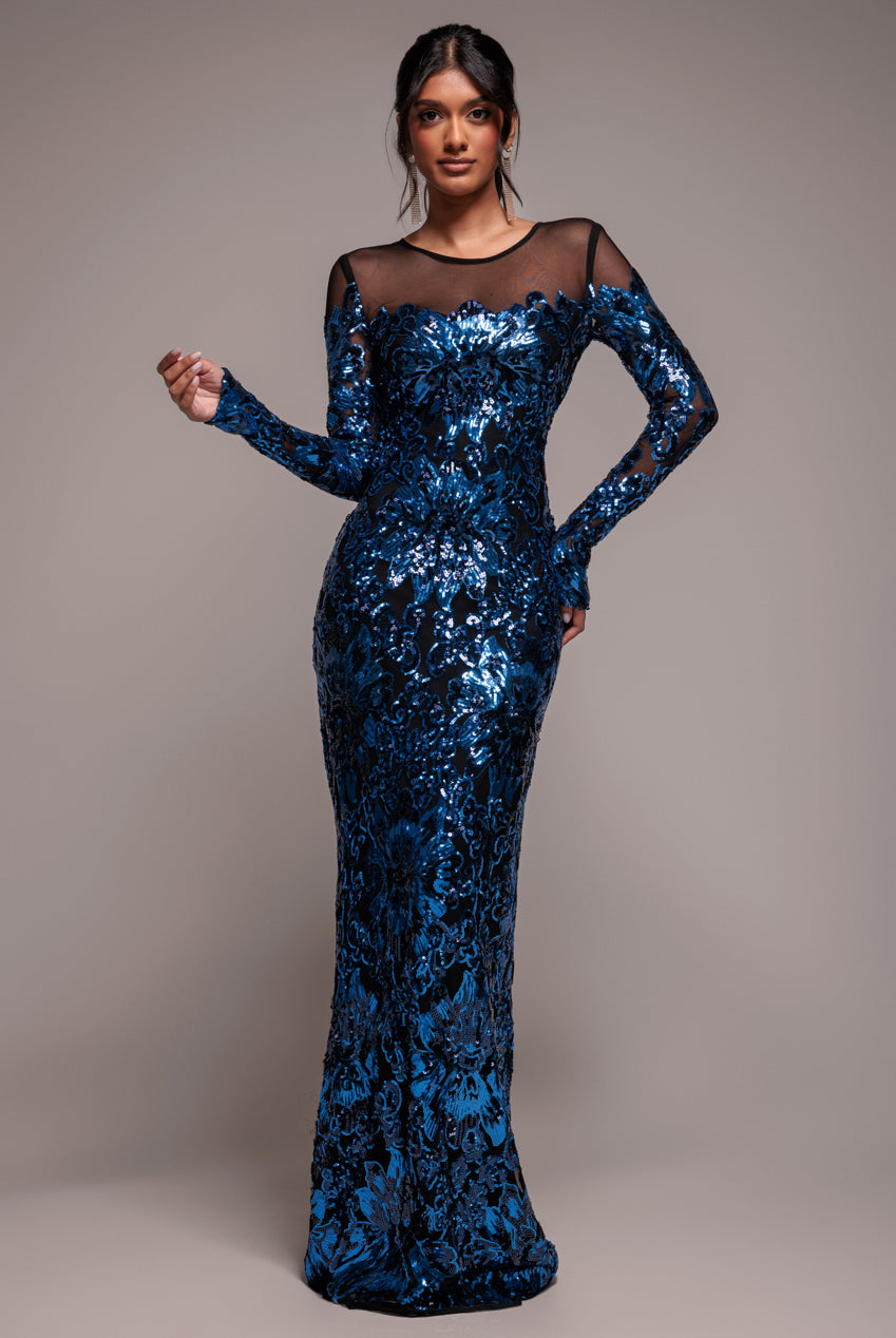 Floral Sequin Mesh Maxi - Navy DR4041