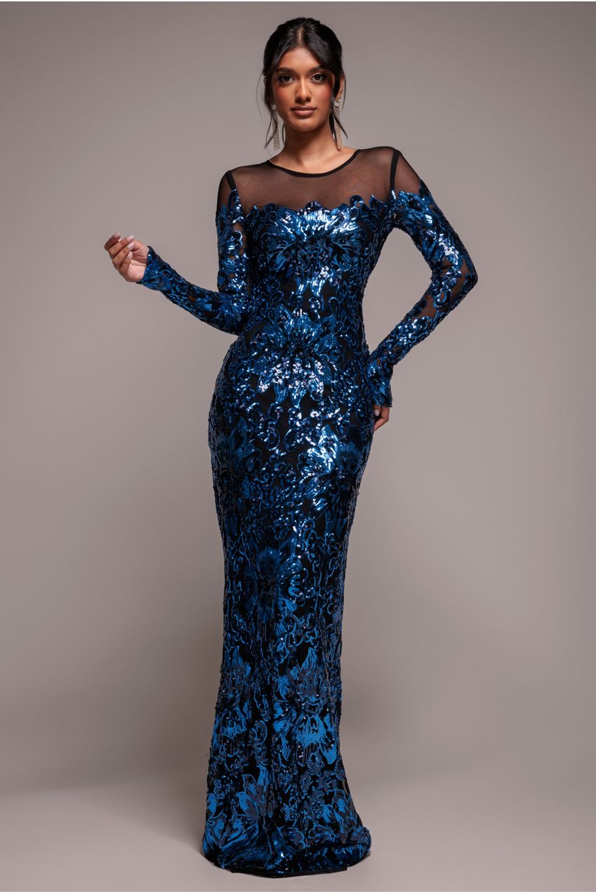 Floral Sequin Mesh Maxi - Navy DR4041
