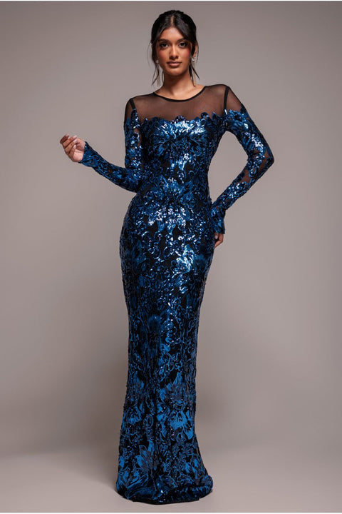 Floral Sequin Mesh Maxi - Navy by Goddiva