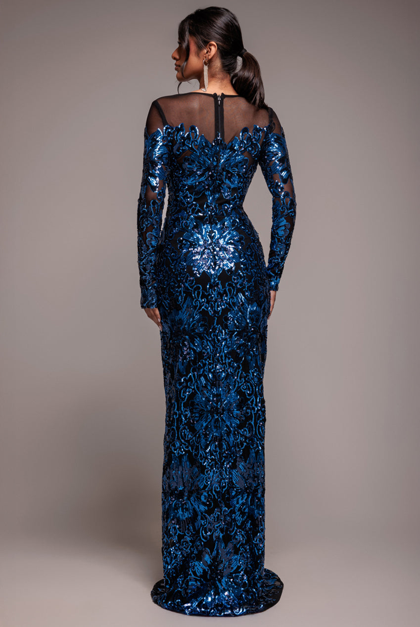 Floral Sequin Mesh Maxi - Navy DR4041