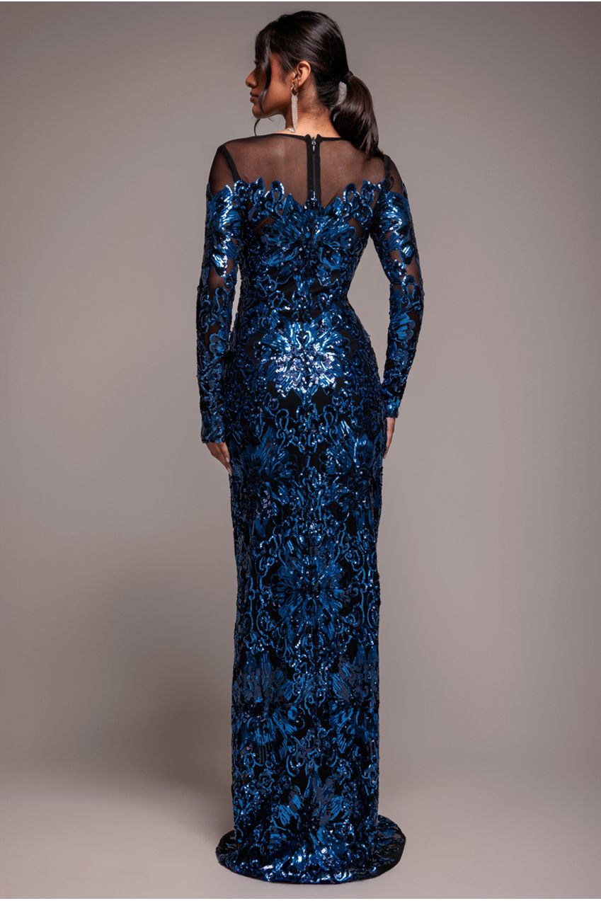 Floral Sequin Mesh Maxi - Navy DR4041