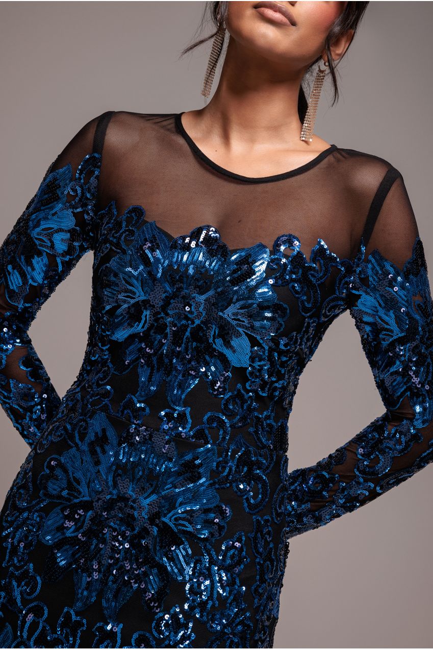 Floral Sequin Mesh Maxi - Navy DR4041