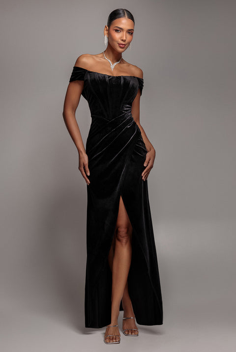 Draped Shoulder Velvet Corset Maxi Dress - Black by Goddiva