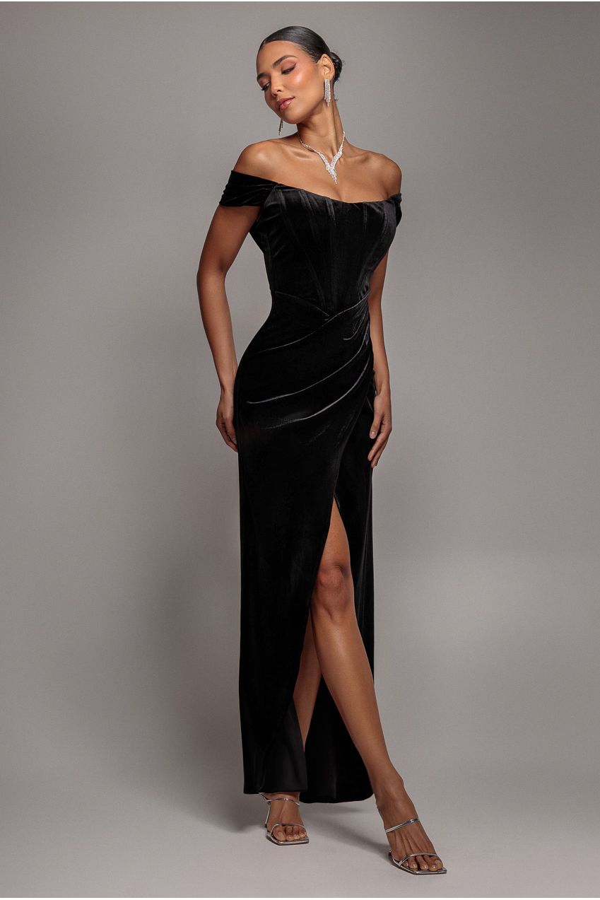 Draped Shoulder Velvet Corset Maxi Dress - Black DR4044