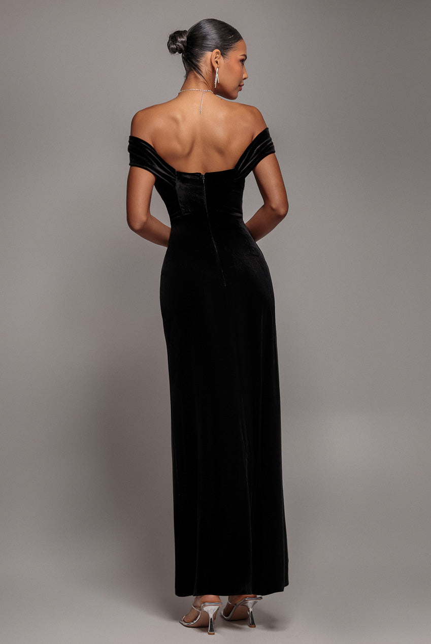 Draped Shoulder Velvet Corset Maxi Dress - Black DR4044