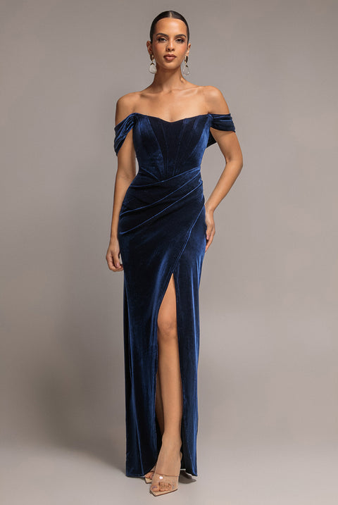 Draped Shoulder Velvet Corset Maxi Dress - Navy Blue by Goddiva