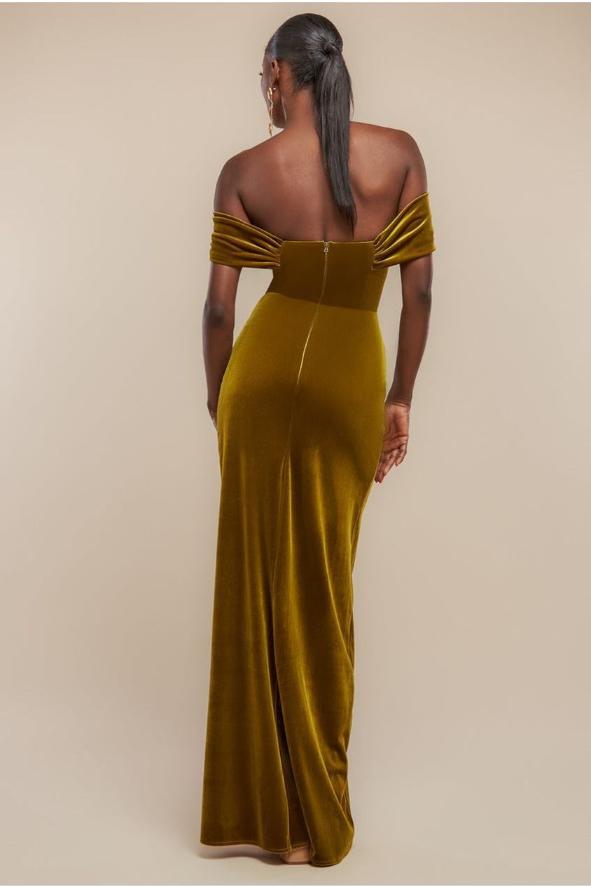Draped Shoulder Velvet Corset Maxi Dress - Olive Green DR4044