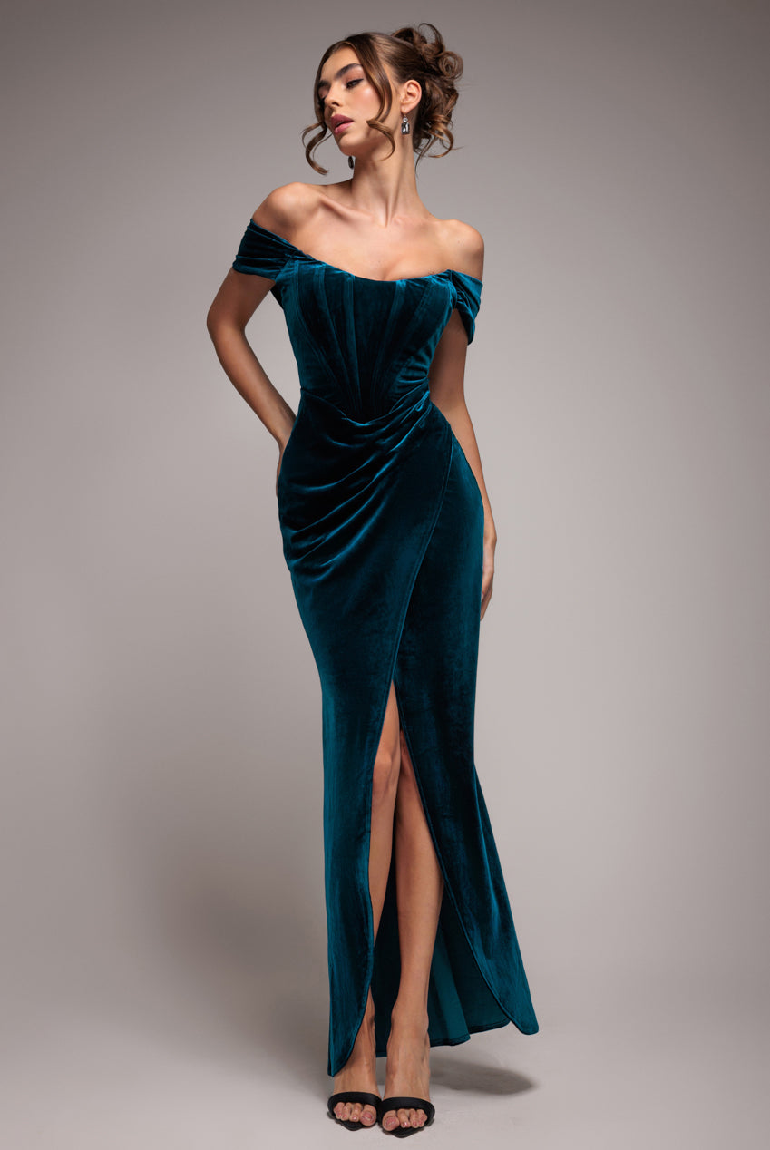Draped Shoulder Velvet Corset Maxi Dress - Teal Blue DR4044