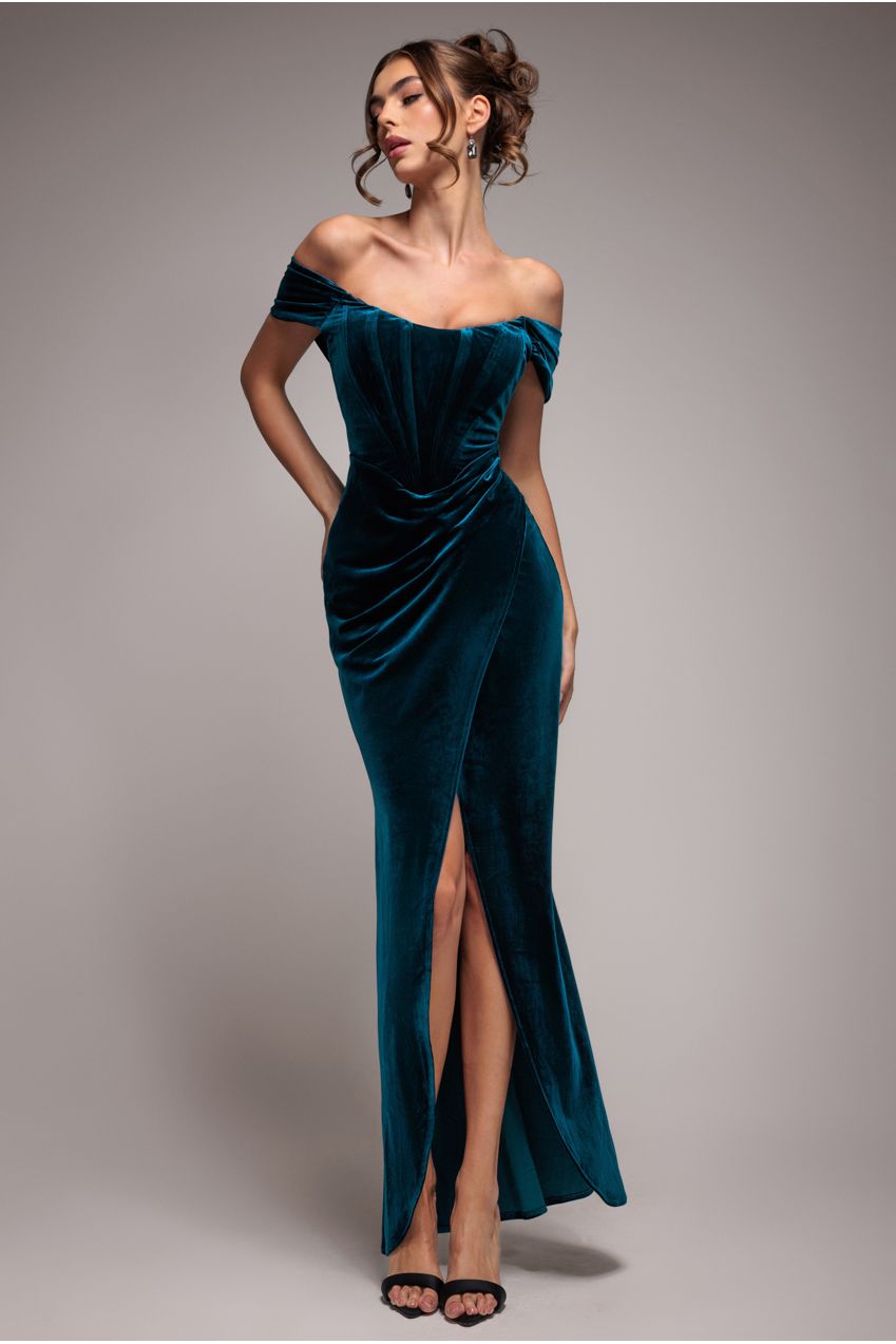 Draped Shoulder Velvet Corset Maxi Dress - Teal Blue DR4044