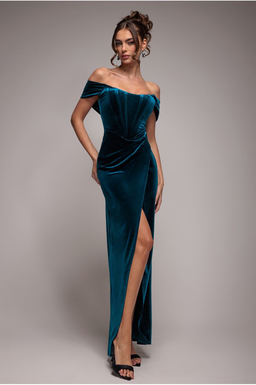 Draped Shoulder Velvet Corset Maxi Dress - Teal Blue DR4044