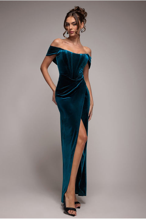 Draped Shoulder Velvet Corset Maxi Dress - Teal Blue by Goddiva