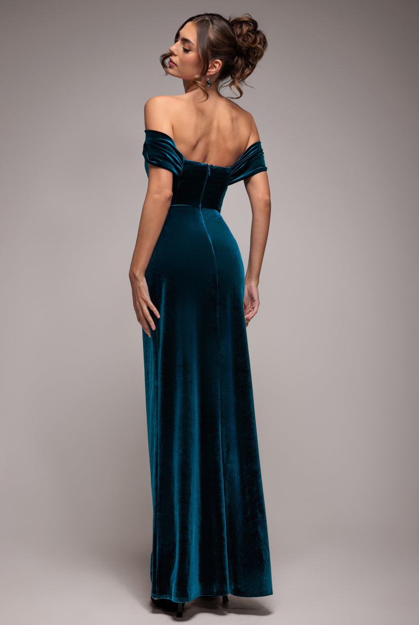 Draped Shoulder Velvet Corset Maxi Dress - Teal Blue DR4044