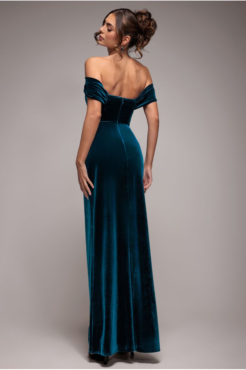 Draped Shoulder Velvet Corset Maxi Dress - Teal Blue DR4044