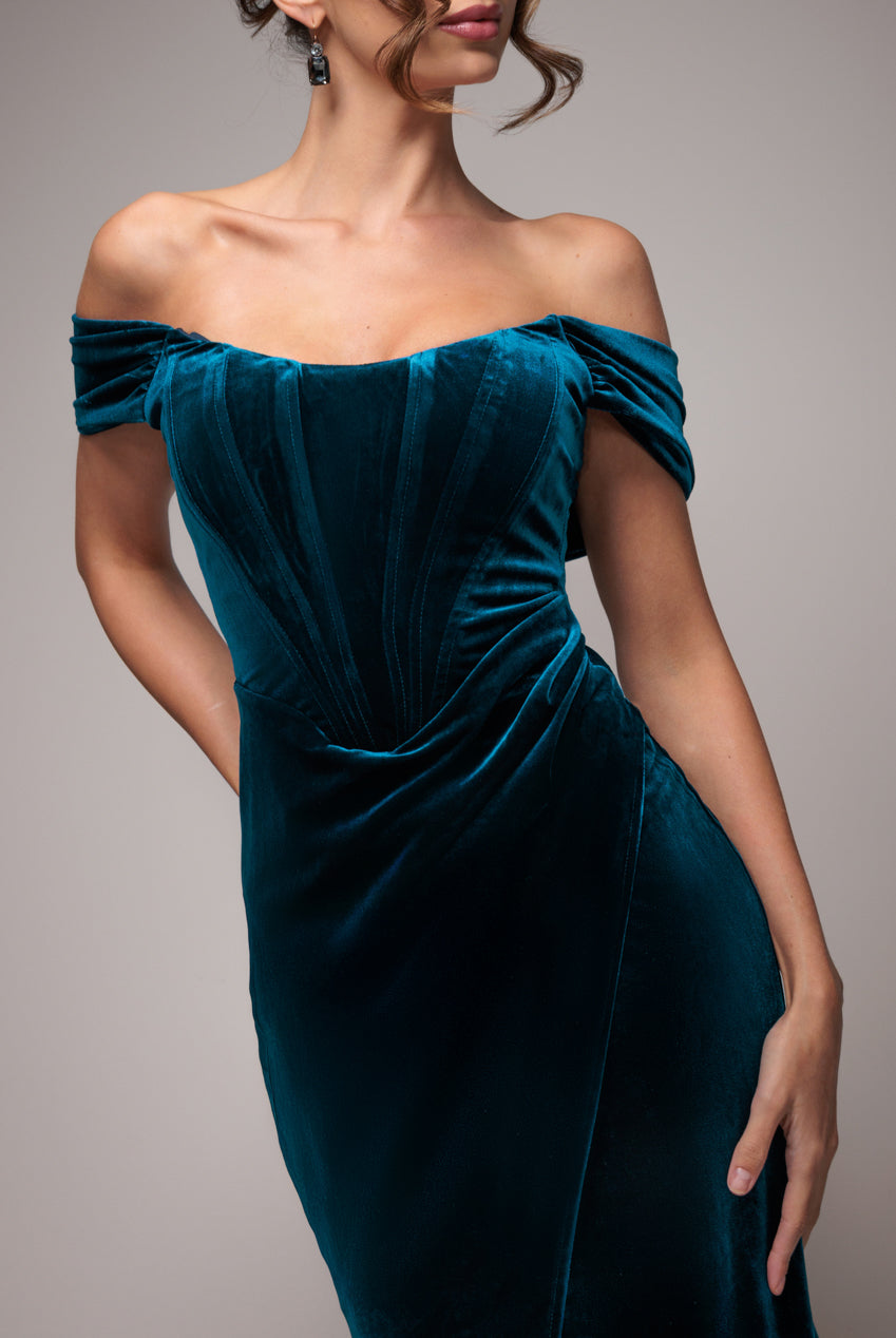 Draped Shoulder Velvet Corset Maxi Dress - Teal Blue DR4044