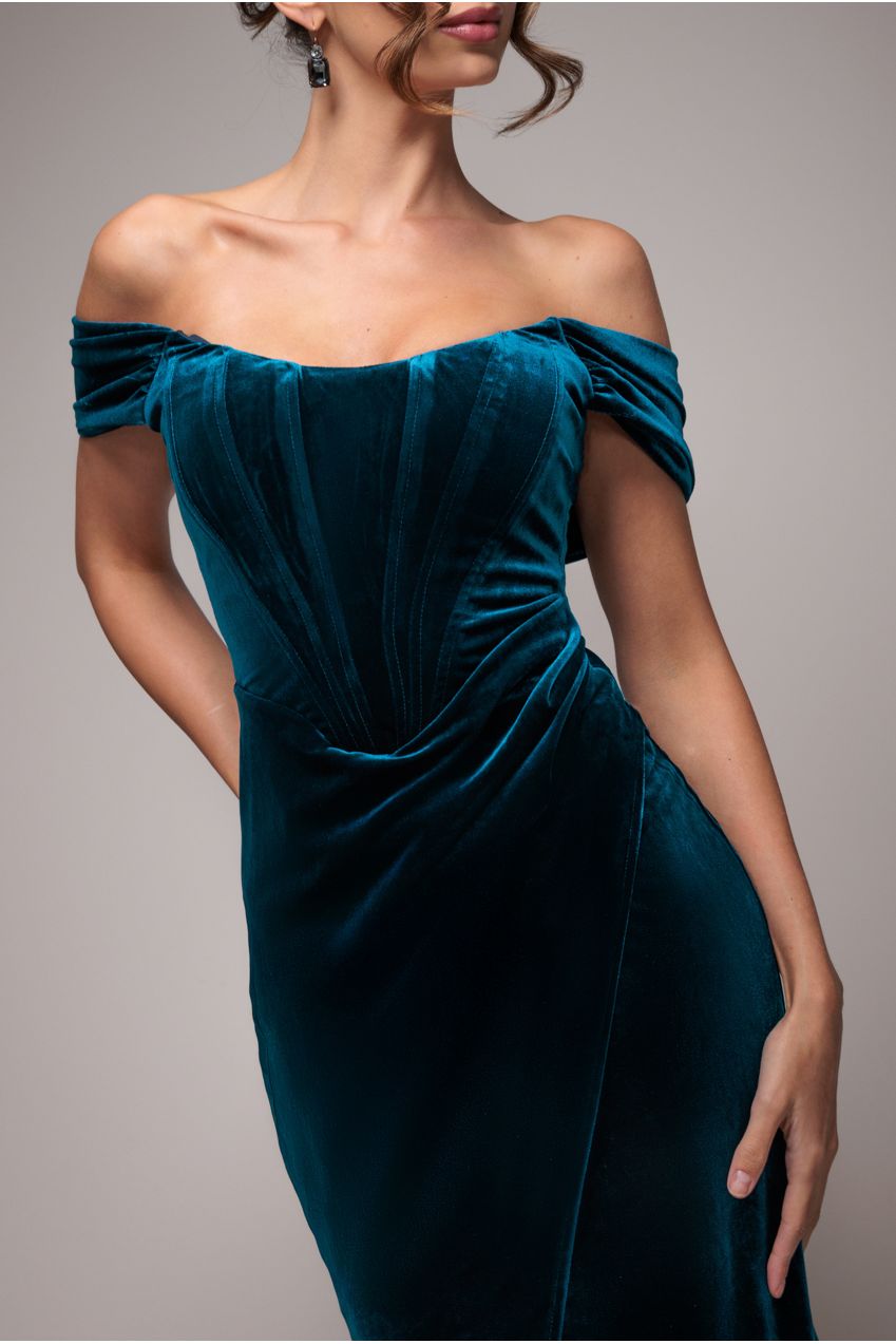 Draped Shoulder Velvet Corset Maxi Dress - Teal Blue DR4044