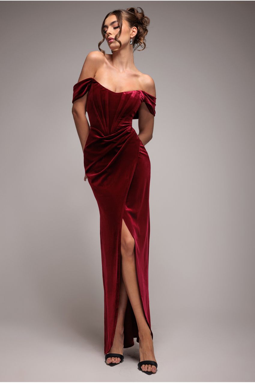 Draped Shoulder Velvet Corset Maxi Dress - Wine | Goddiva Draped Shoulder Velvet Corset Maxi Dress - Wine | Goddiva