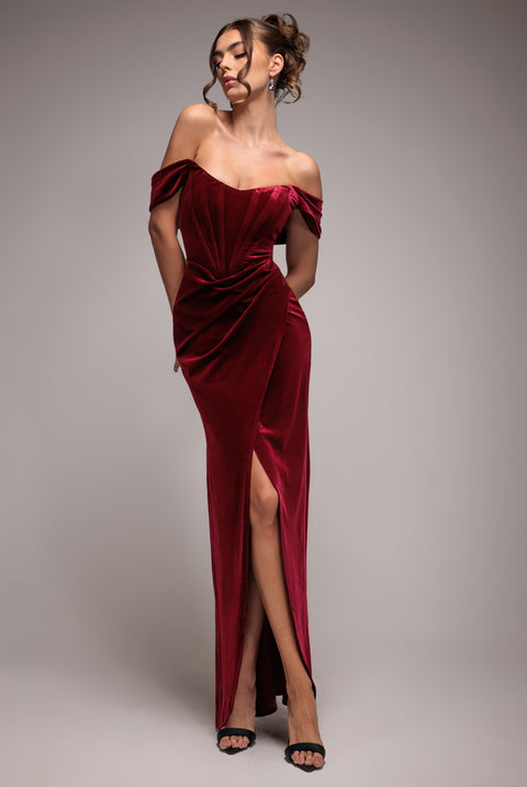 Draped Shoulder Velvet Corset Maxi Dress - Wine by Goddiva