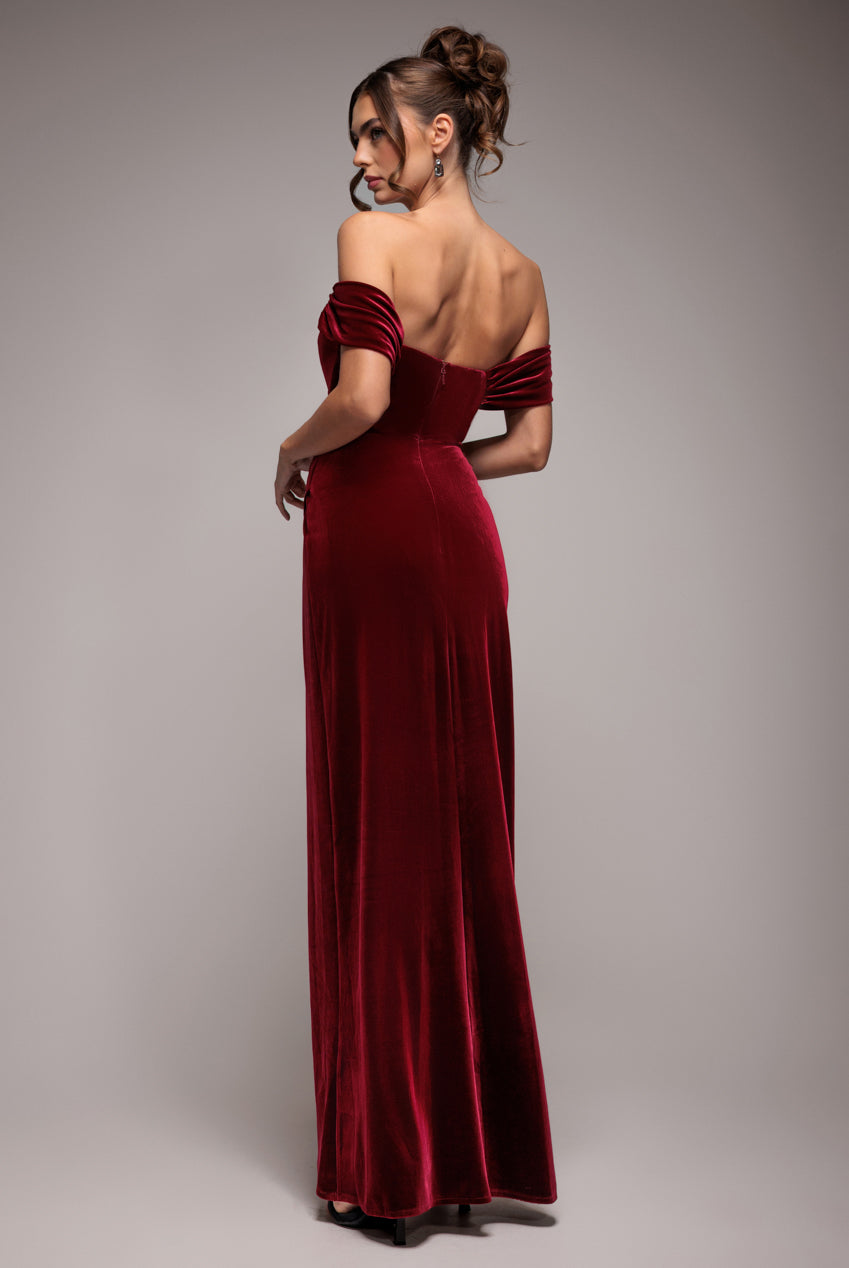 Draped Shoulder Velvet Corset Maxi Dress - Wine DR4044
