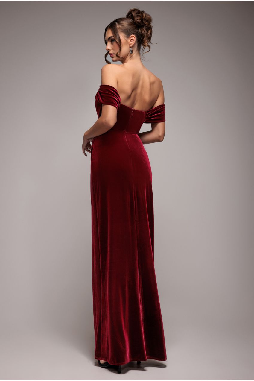 Draped Shoulder Velvet Corset Maxi Dress - Wine DR4044