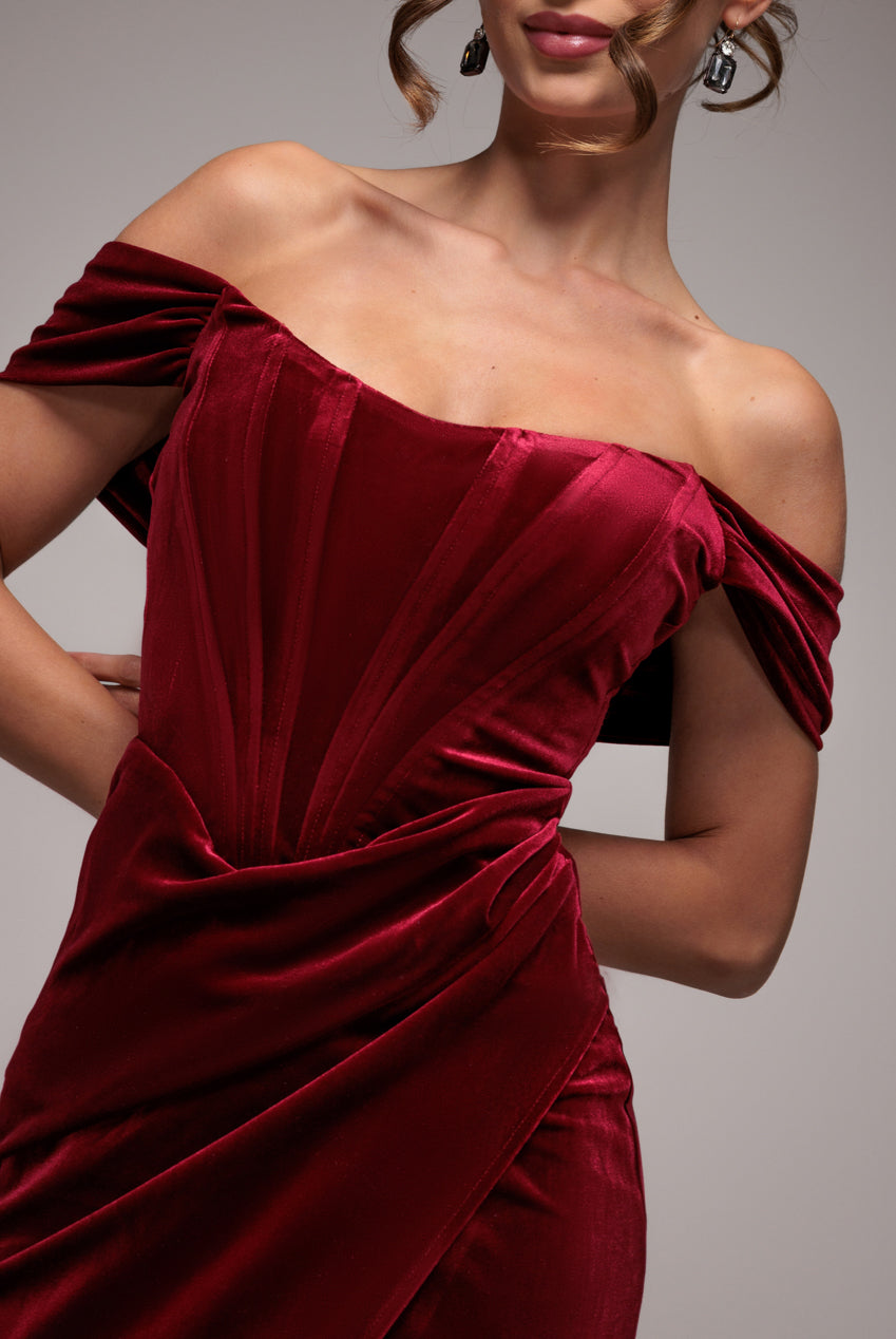 Draped Shoulder Velvet Corset Maxi Dress - Wine DR4044