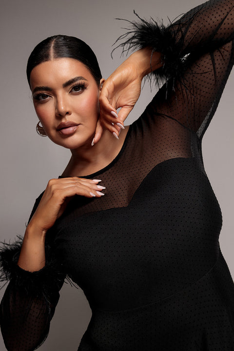 Dobby Mesh Feather Sleeve Hem Maxi Dress - Black by Goddiva Plus