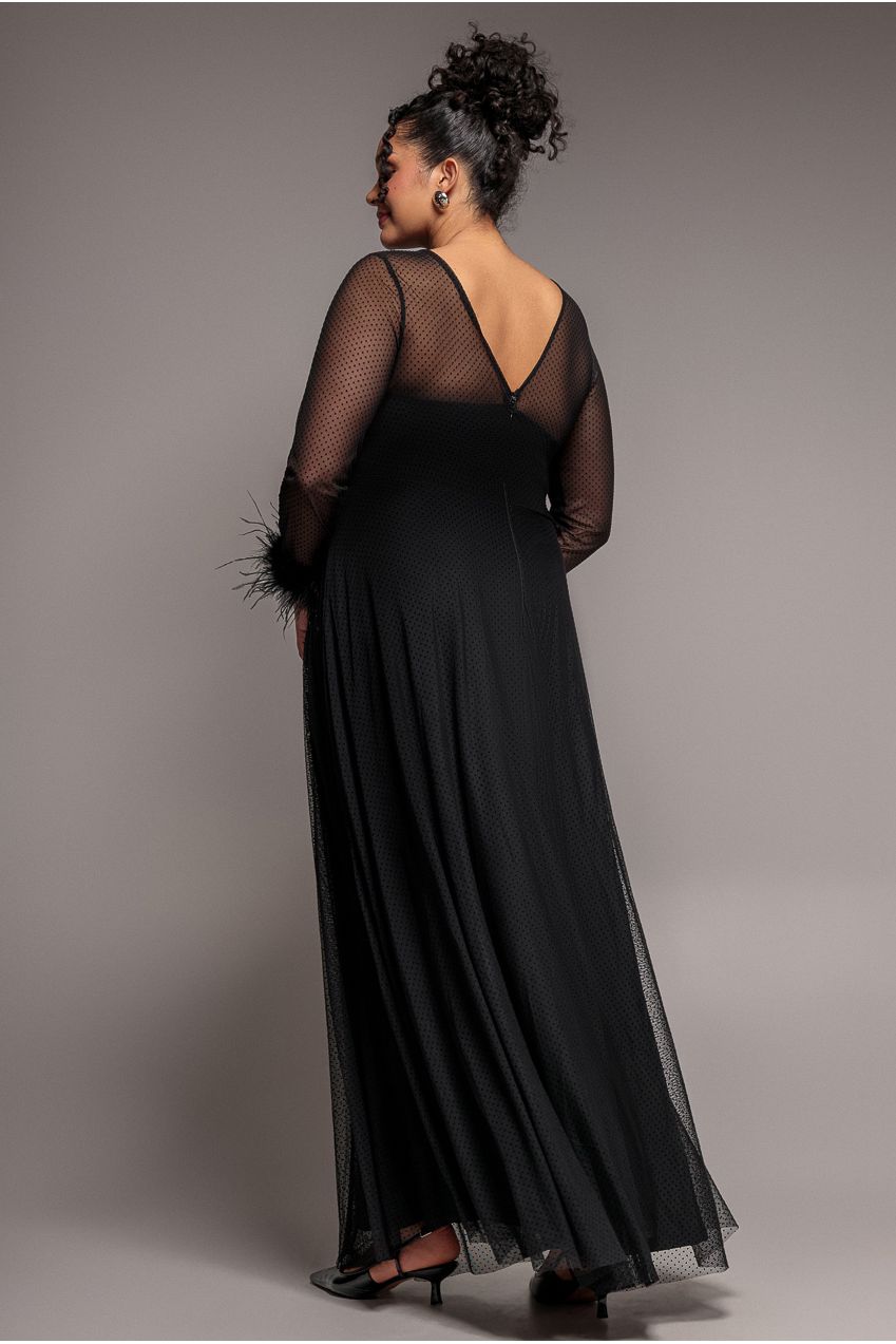 Dobby Mesh Feather Sleeve Hem Maxi Dress - Black DR4046PLUS