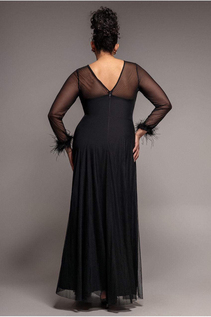 Dobby Mesh Feather Sleeve Hem Maxi Dress - Black DR4046PLUS