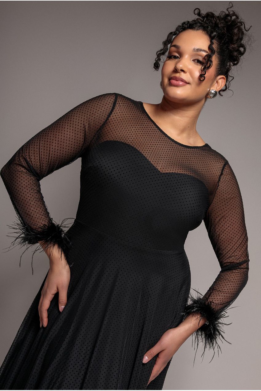 Dobby Mesh Feather Sleeve Hem Maxi Dress - Black DR4046PLUS