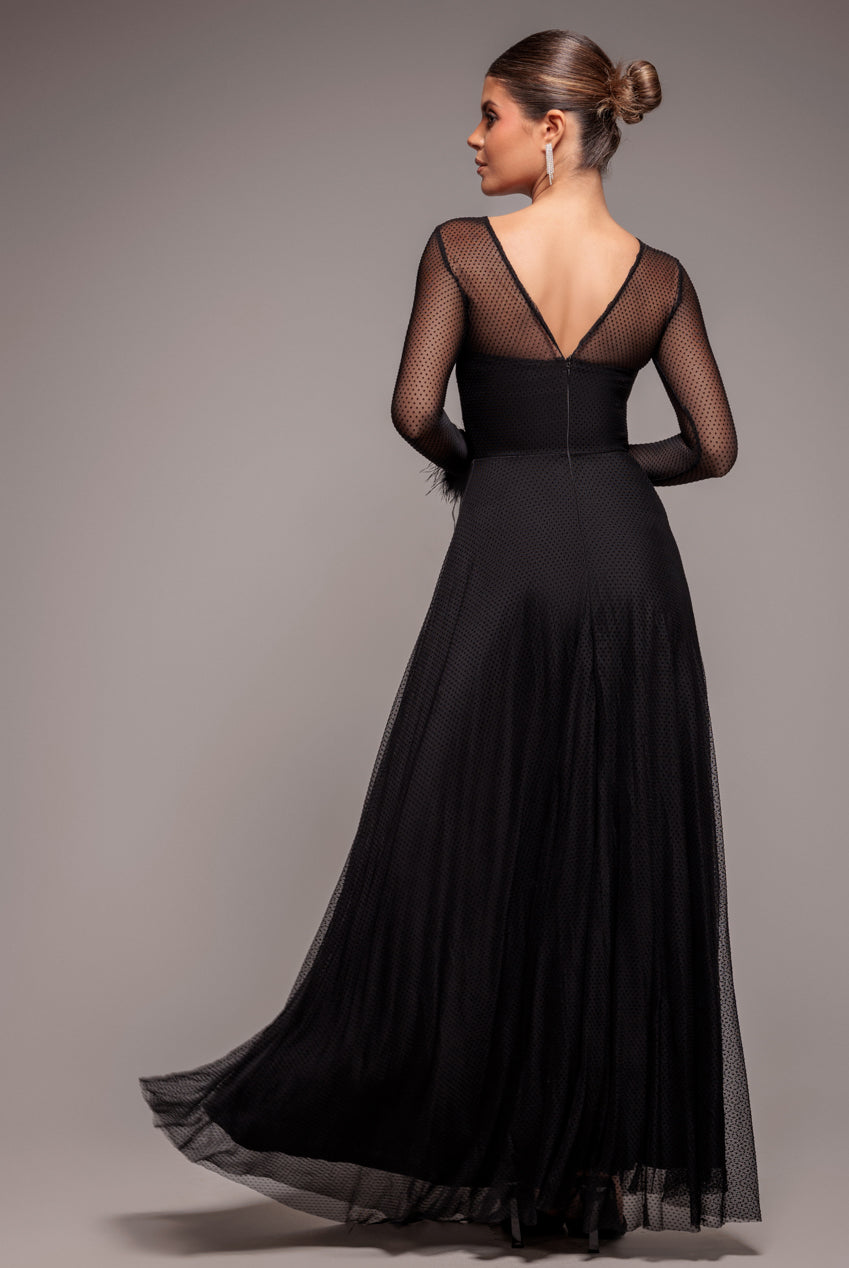 Dobby Mesh Feather Sleeve Hem Maxi Dress - Black DR4046