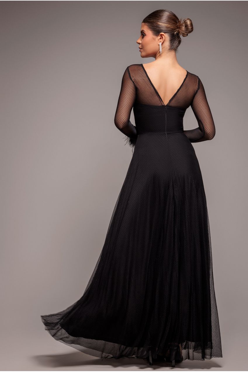 Dobby Mesh Feather Sleeve Hem Maxi Dress - Black DR4046