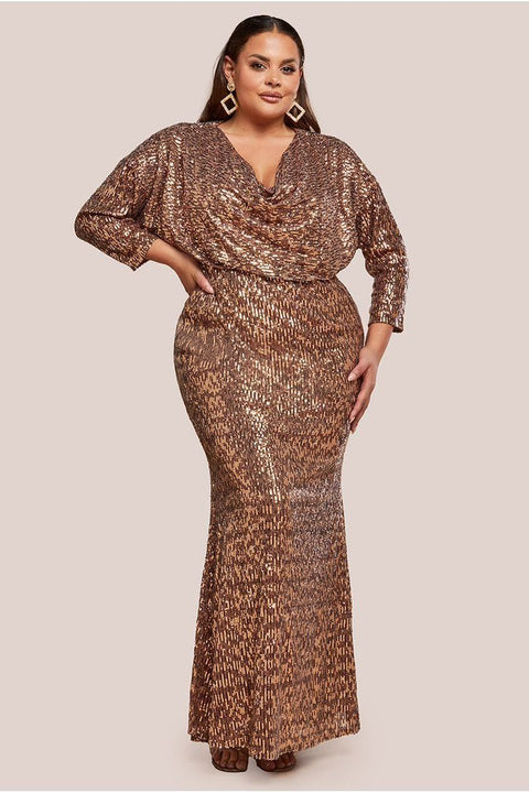 Sequin Cowl Maxi Dress - Bronze by Goddiva Plus