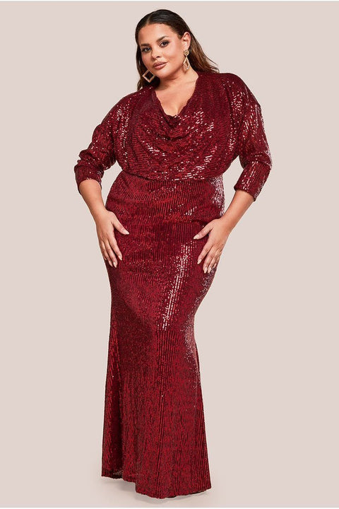 Sequin Cowl Maxi Dress - Wine by Goddiva Plus