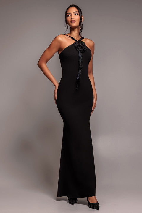 Racer Neck Corsage Scuba Maxi - Black by Goddiva