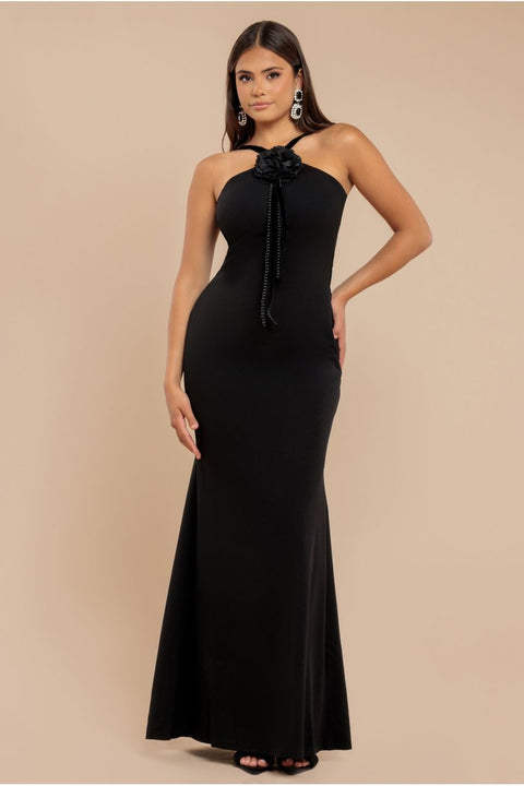 Racer Neck Corsage Scuba Maxi - Black by Goddiva