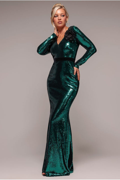 Liquid Sequin Corsage Maxi - Emerald Green by Goddiva