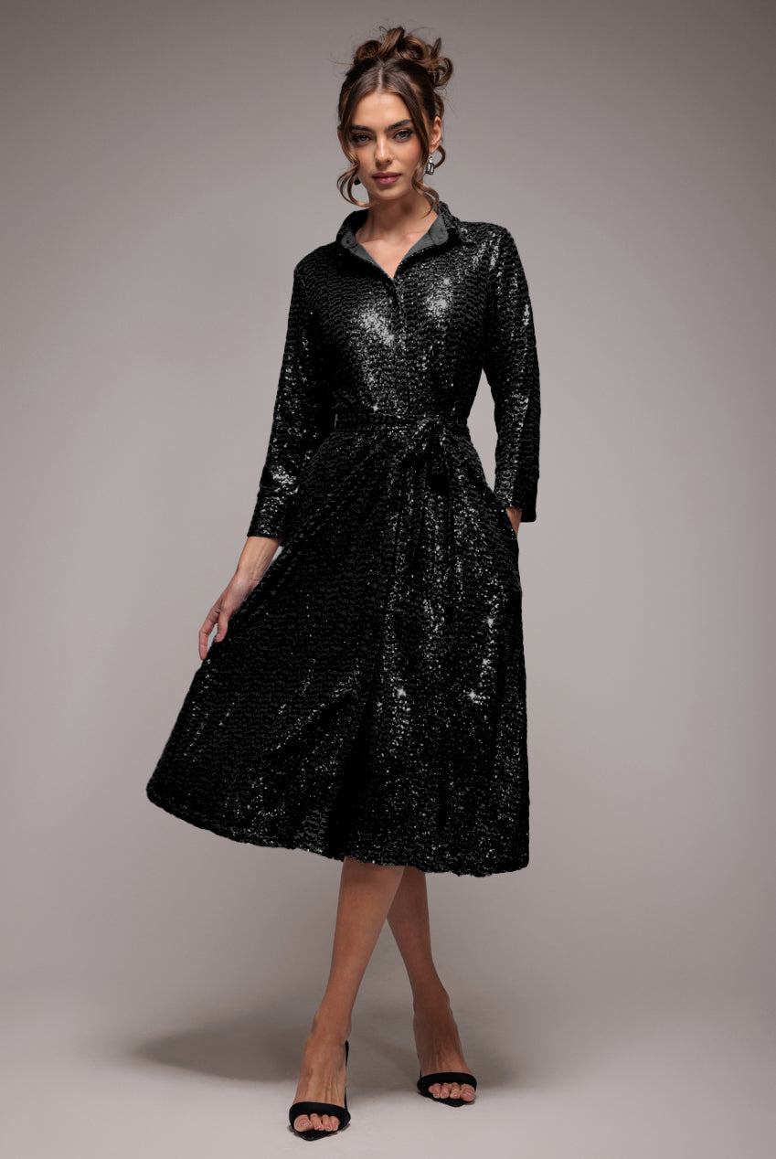 Sequin Skater Shirt Dress - Black DR4061