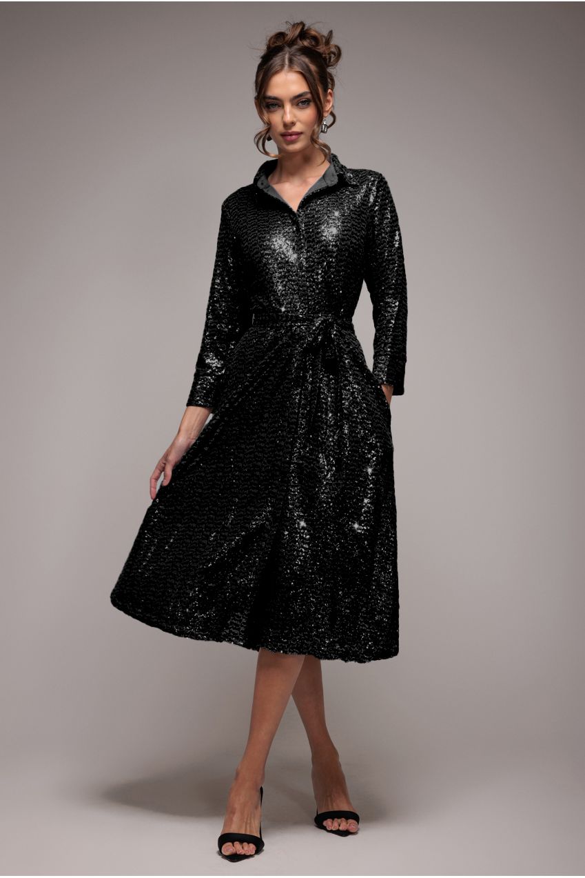 Sequin Skater Shirt Dress - Black DR4061