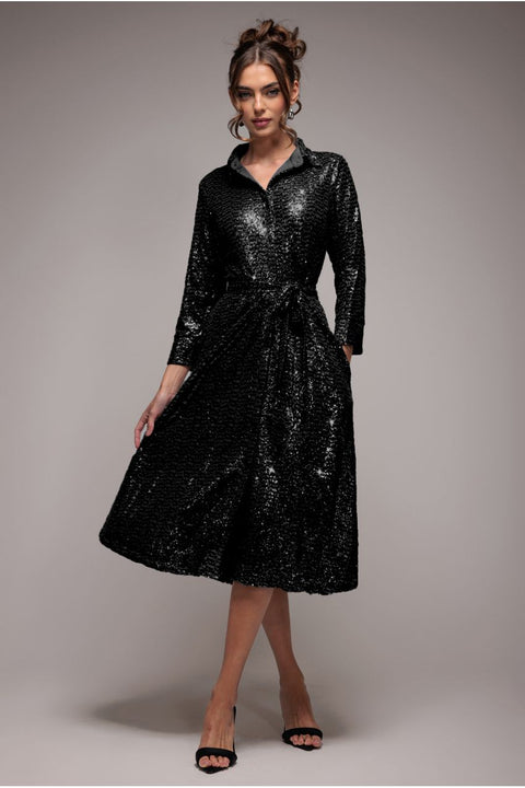 Sequin Skater Shirt Dress - Black by Goddiva