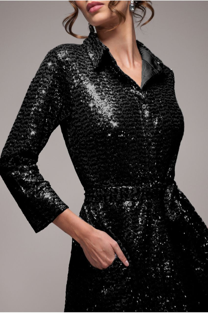 Sequin Skater Shirt Dress - Black DR4061