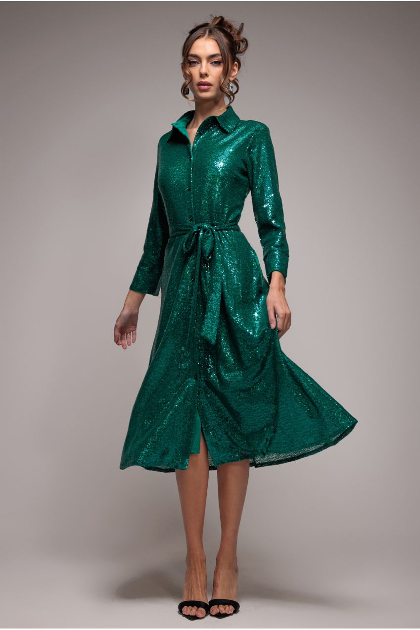Sequin Skater Shirt Dress - Emerald Green DR4061