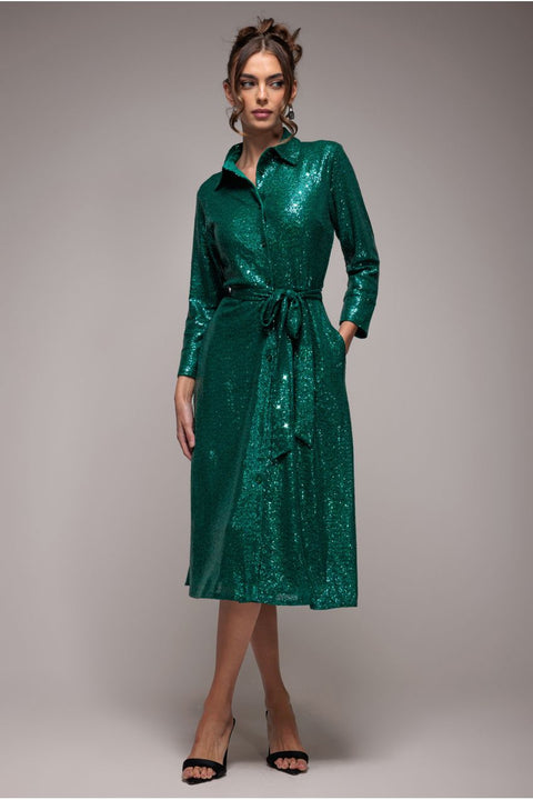 Sequin Skater Shirt Dress - Emerald Green by Goddiva