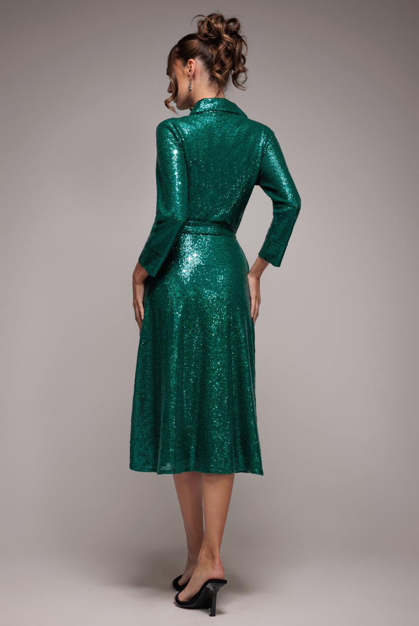 Sequin Skater Shirt Dress - Emerald Green DR4061