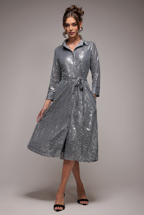 Sequin Skater Shirt Dress - Silver by Goddiva