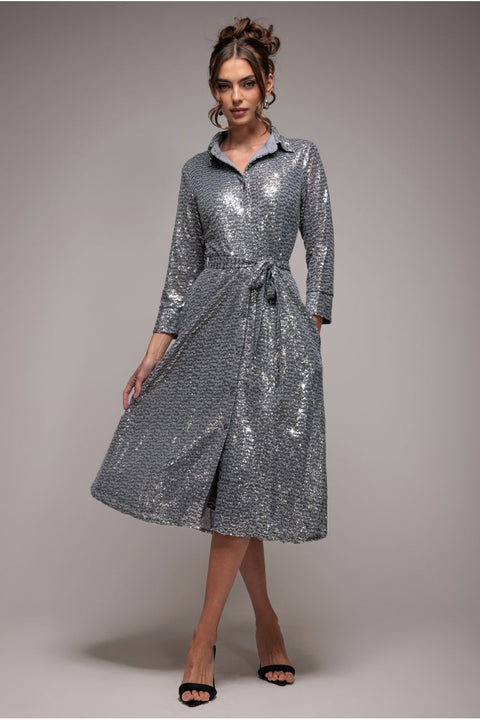 Sequin Skater Shirt Dress - Silver by Goddiva