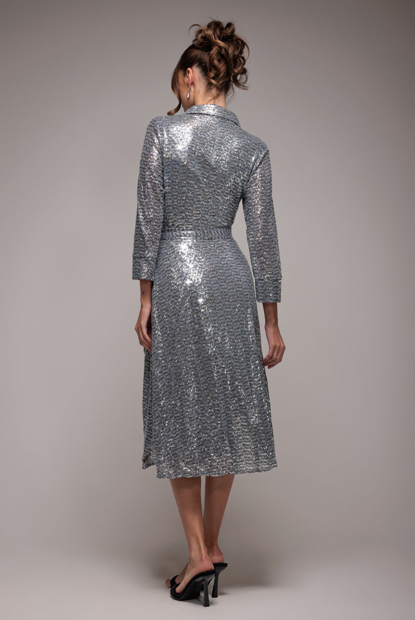 Sequin Skater Shirt Dress - Silver DR4061