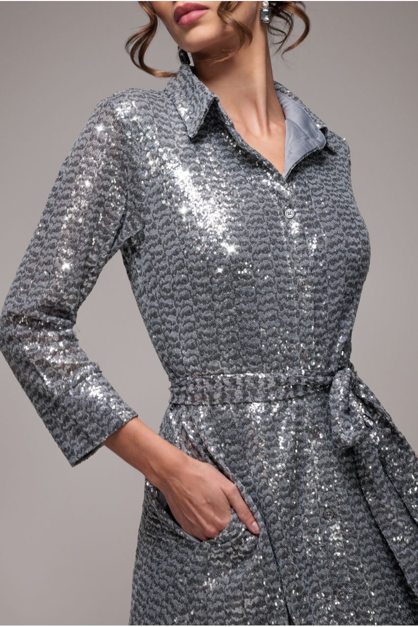 Sequin Skater Shirt Dress - Silver DR4061