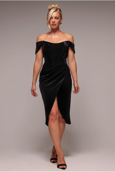 Draped Shoulder Velvet Corset Midi Dress - Black by Goddiva
