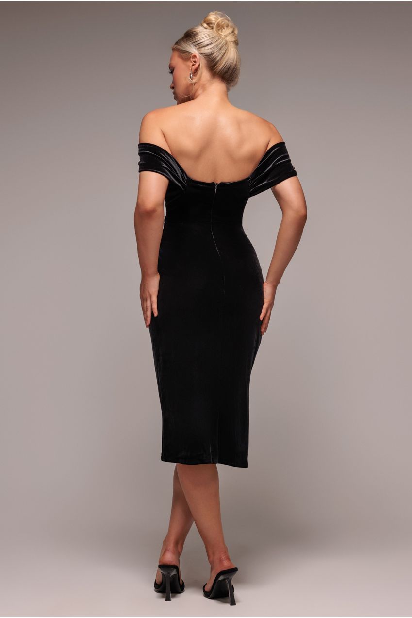 Draped Shoulder Velvet Corset Midi Dress - Black DR4066