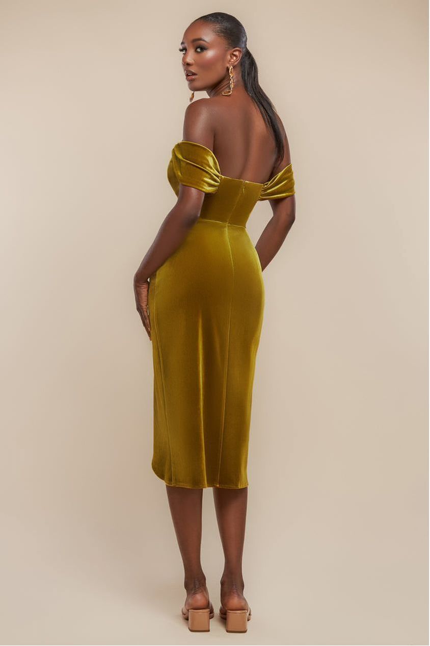 Draped Shoulder Velvet Corset Midi Dress - Olive Green DR4066